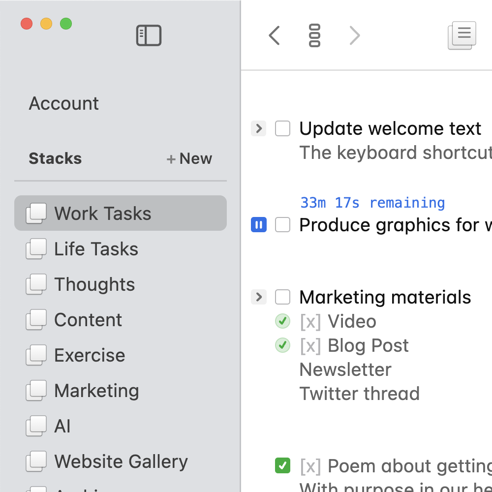 Screenshot of TaskTXT showing stacks in the sidebar